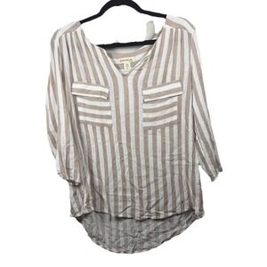 Faith and Joy Women's Size Large Roll Tab Sleeved Gold Pinstriping Resortcore